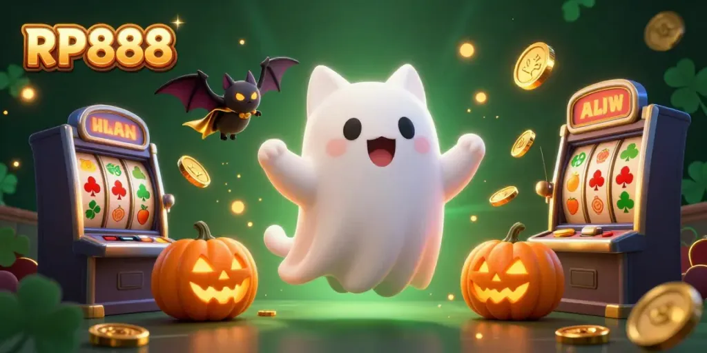 Experience the magic at RP888 with a ghost cat and vampire bat amidst colorful slot machines.