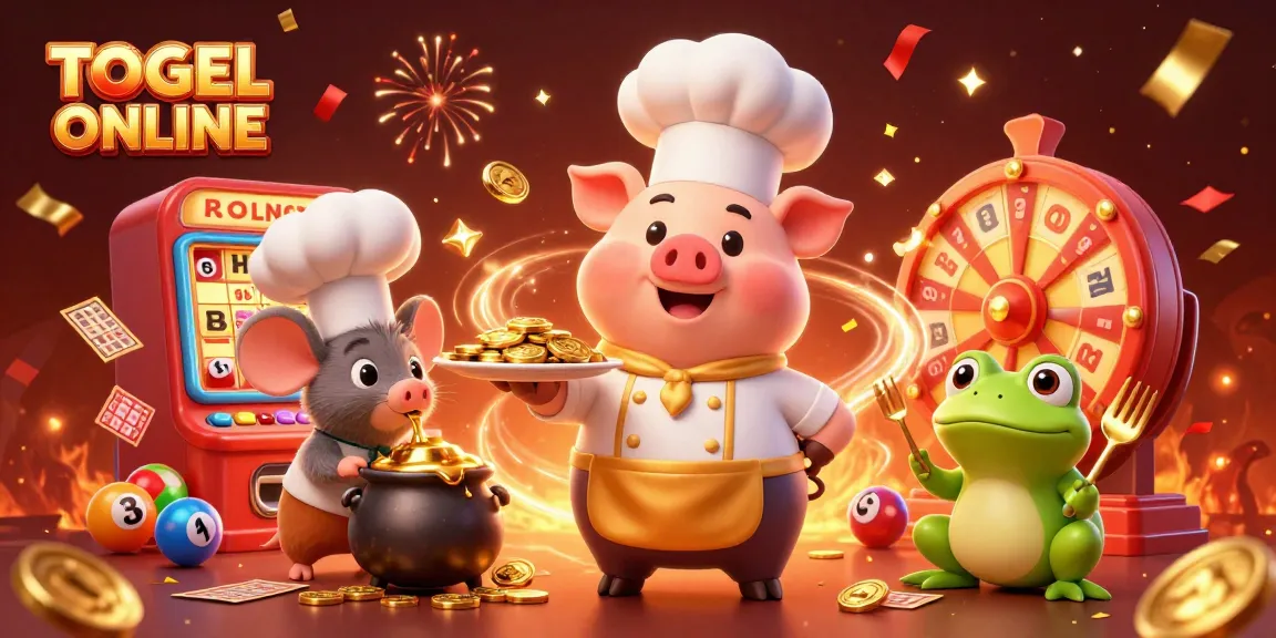 Engage with TOGEL ONLINE betting as a pig chef serves golden coins amidst lottery excitement.
