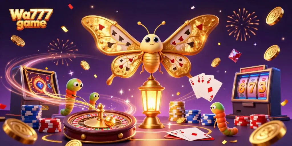 Join the excitement with Wa777 game in a vibrant casino-themed illustration featuring a majestic moth.
