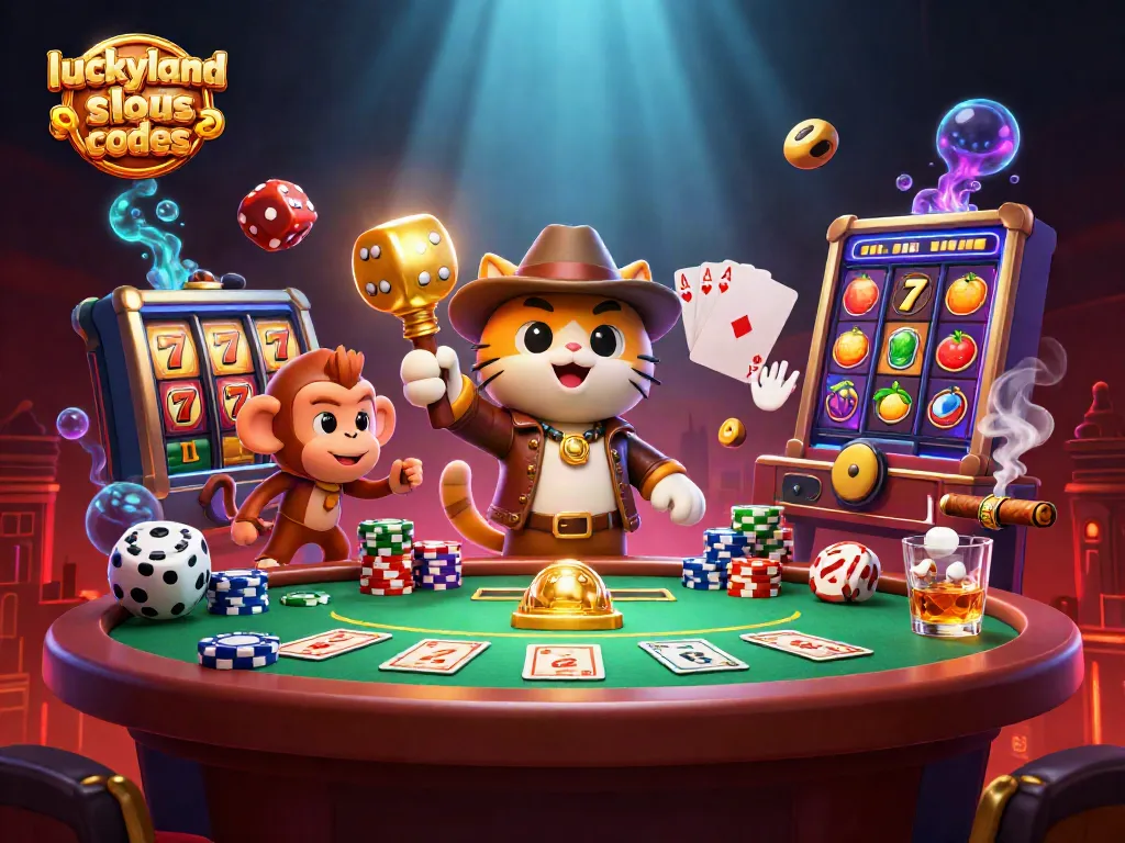 Exciting LuckyLand Slots bonus codes scene featuring cat and monkey in lively casino artifacts.