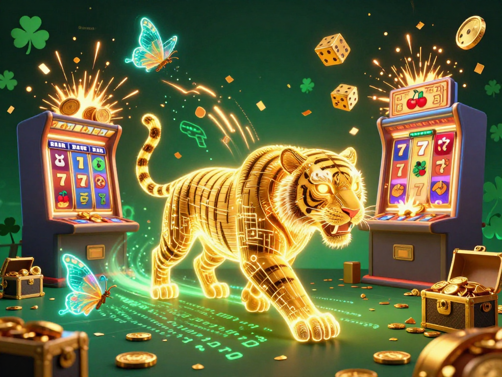 Cao Bồi Miền Tây immersive casino experience with slot machines and golden tiger in action.