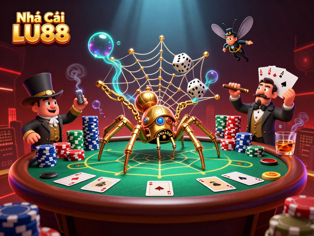 Capture thrilling moments at Nhà Cái LU88 with a vibrant 3D casino scene featuring dice, poker chips, and a spider!