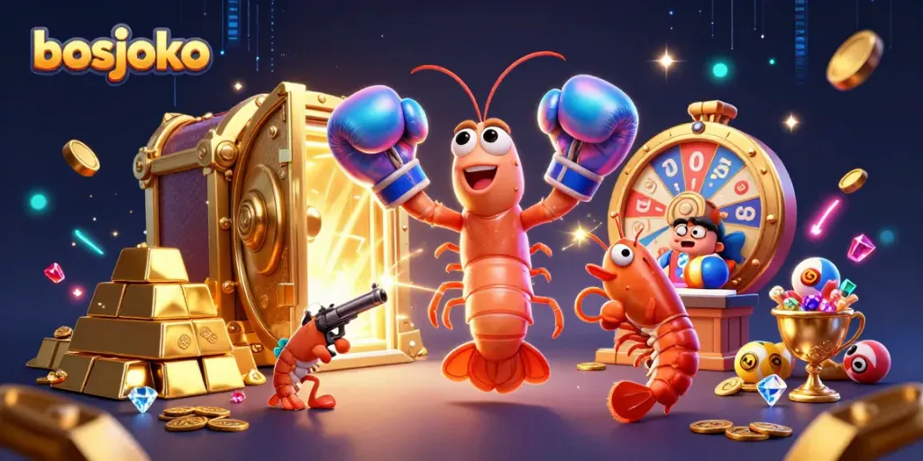 Spin the jackpot with bosjoko as a mantis shrimp and friends celebrate a vibrant lottery scene.