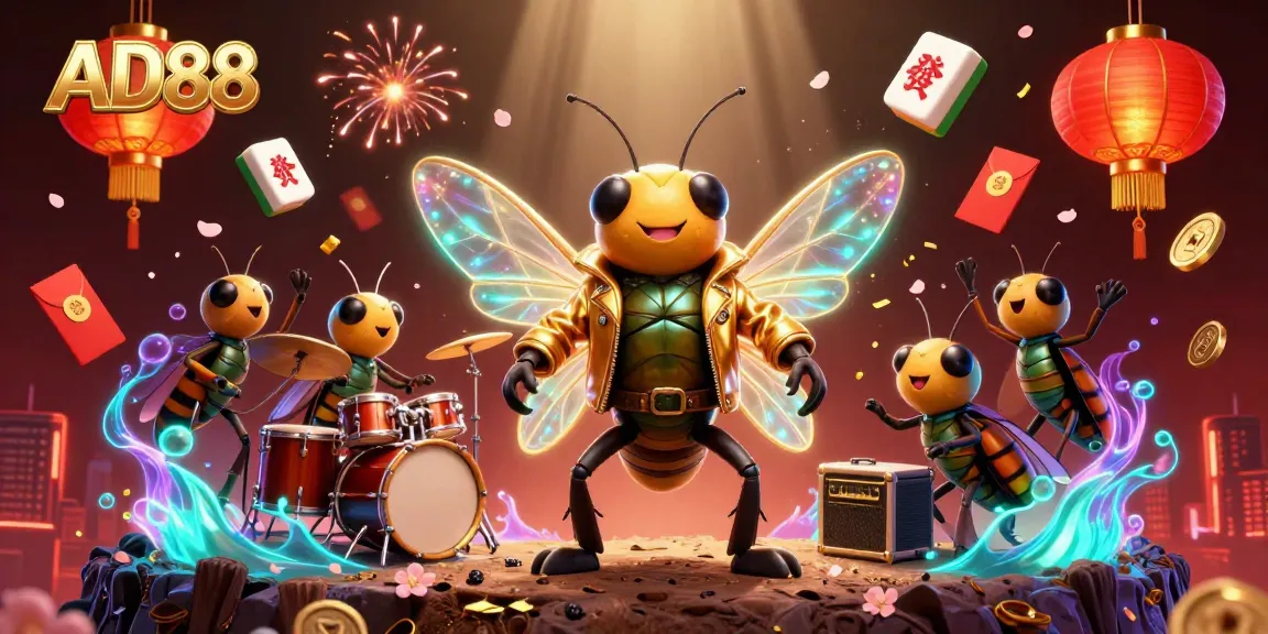 Engage with AD88's lively casino scene featuring a rock star cicada, vibrant gaming elements, and festive visuals.