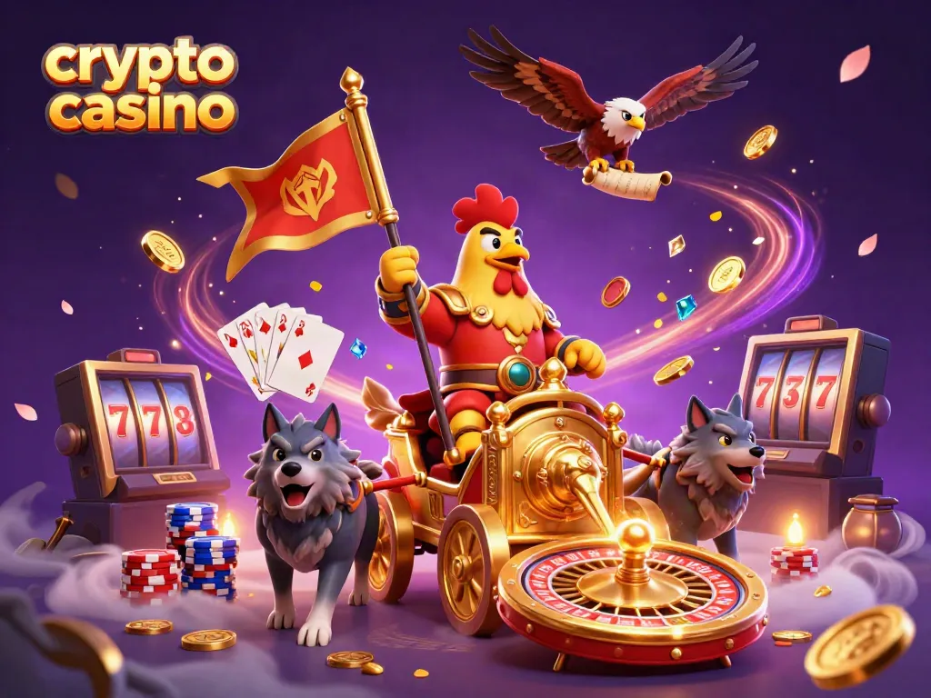Engage in a crypto casino adventure with dynamic characters, coins, and gaming elements.