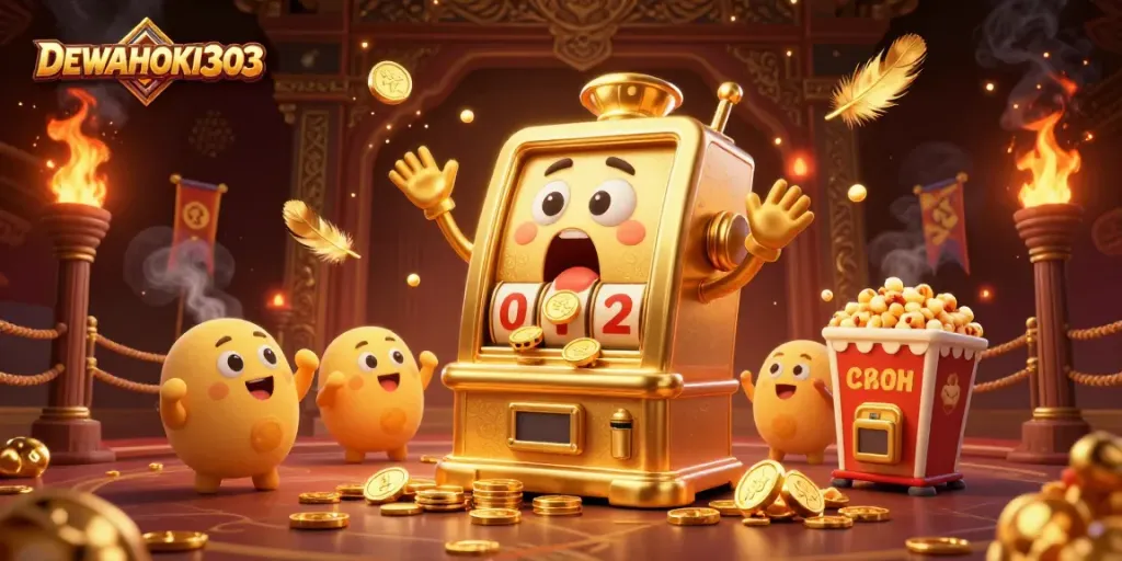 DEWAHOKI303 menangkan jackpot dengan mesin slot emas dan koin berhamburan di sekitar