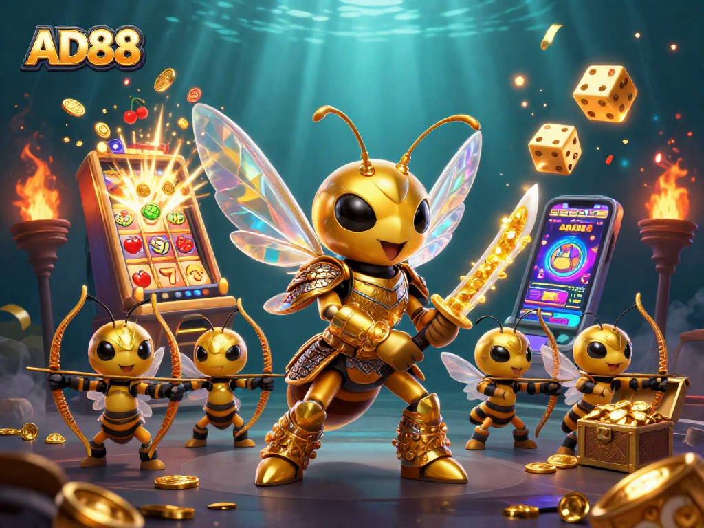 Engage with AD88's immersive gaming experience featuring a dynamic trio in a lively casino scene.