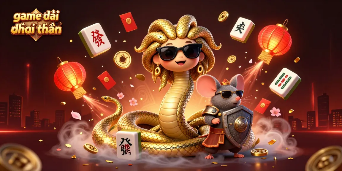 Experience the excitement of game đánh bài đổi thưởng with a vibrant 3D illustration featuring Medusa and a warrior mouse.