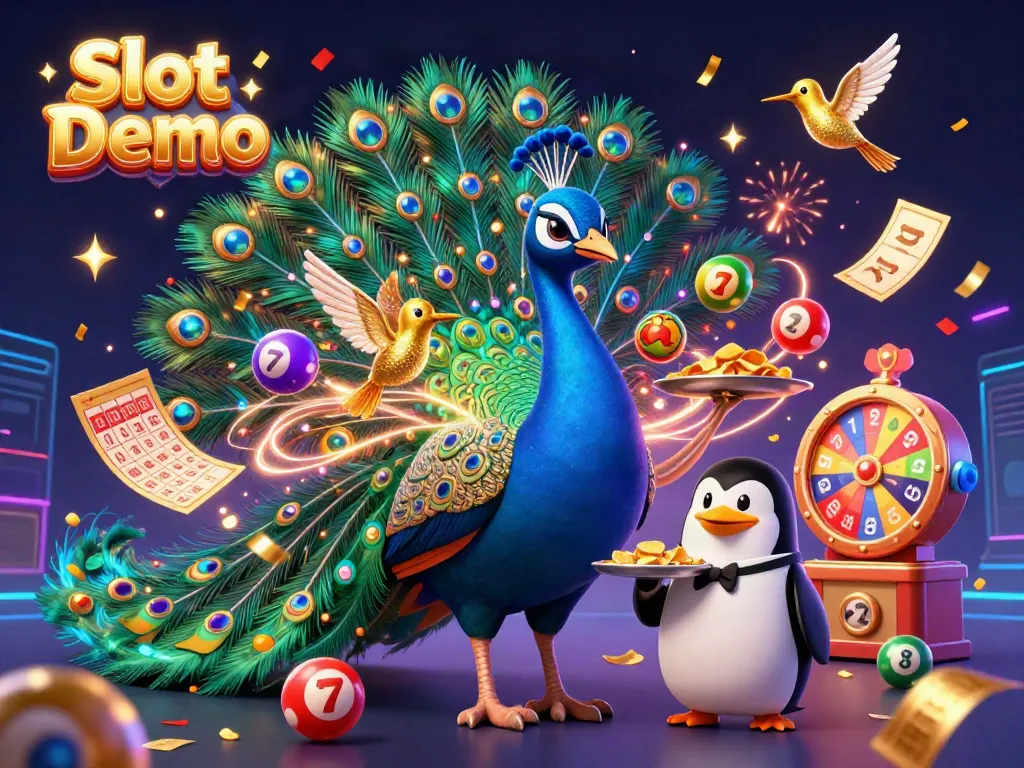 Engage with Slot Demo's vibrant slot experience featuring a peacock, penguin butler, and dynamic gambling elements.