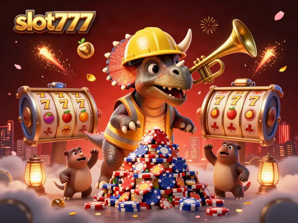 Spin slot777 reels and celebrate wins in joy with cheerful cartoon dinosaurs in a packed casino scene.