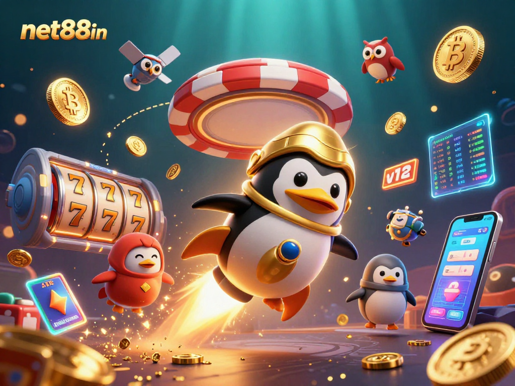 Experience the thrill of net88in with a golden penguin soaring through casino space!