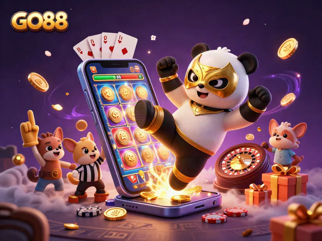 GO88 engaging players with a vibrant 3D scene of excitement, slots, and cheering animals.