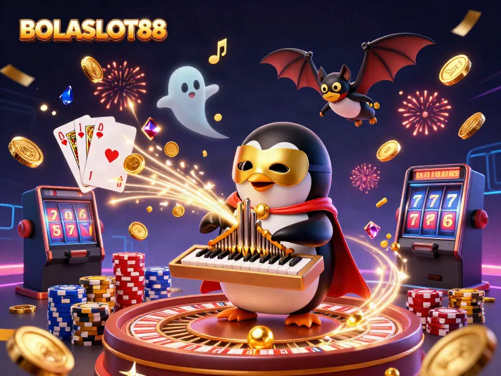 BOLASLOT88 platform showcasing a phantom penguin playing an organ, surrounded by cascading coins and gaming elements.