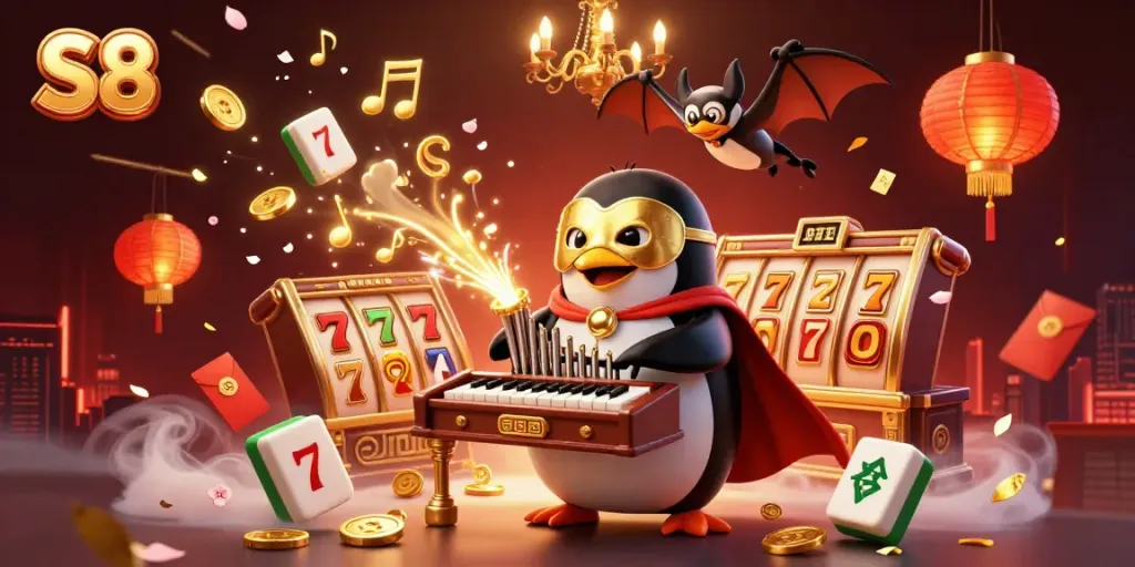 Experience S8 in this vibrant casino scene featuring a penguin playing a pipe organ and jackpot elements.