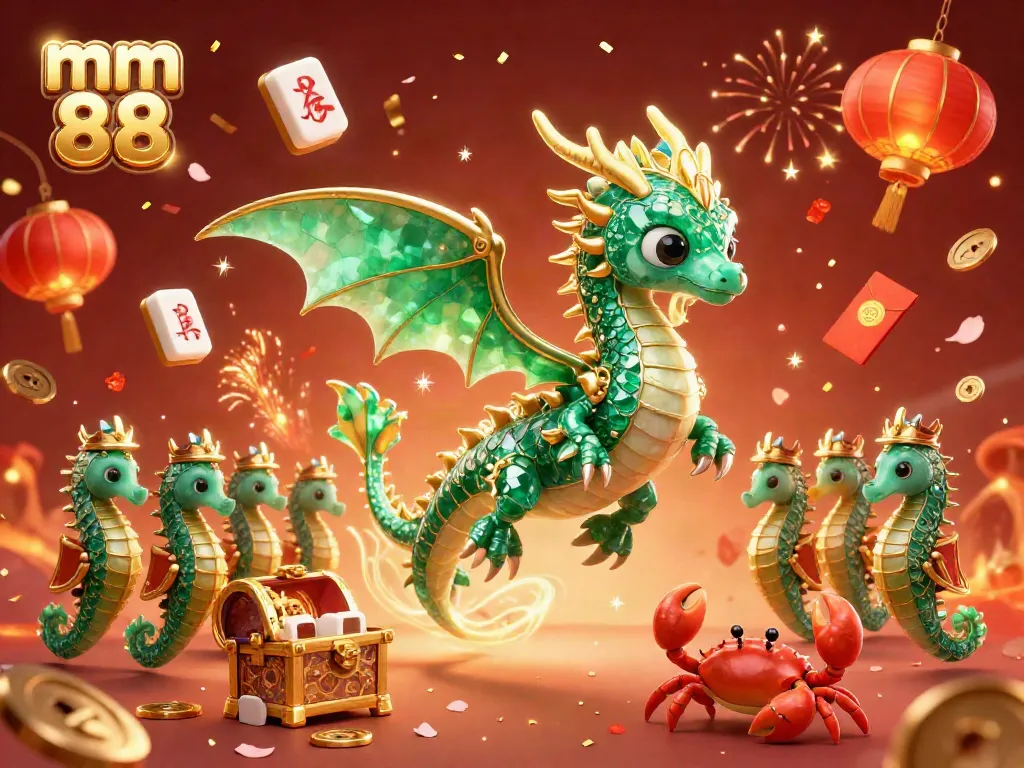 Experience the vibrant action of mm 88 with a 3D emerald sea dragon and festive casino elements.