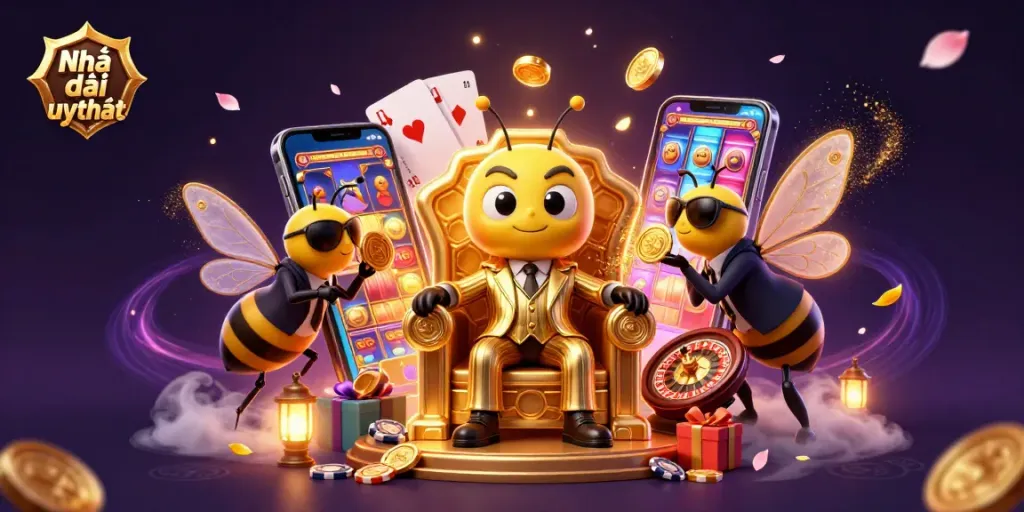 Experience the thrill of Nhà cái uy tín with an engaging 3D gambling scene featuring vibrant characters and game elements.