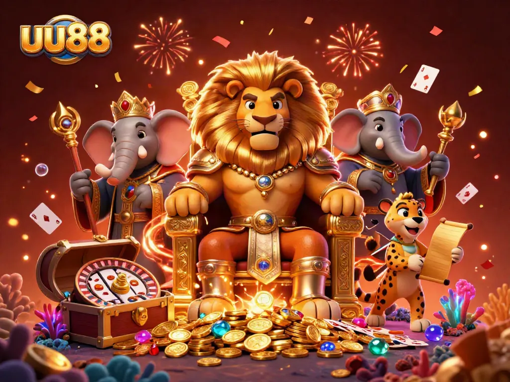 Experience strategic gameplay at uu88 with a vibrant 3D casino scene featuring a lion king, elephant, and cheetah.