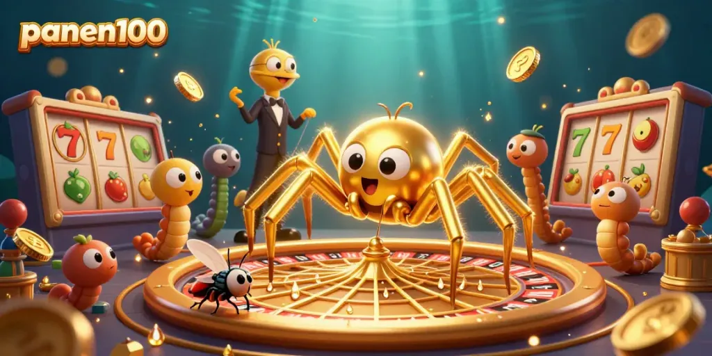 Engage with thrilling panen100 gaming adventures as a spider spins luck on a roulette web.