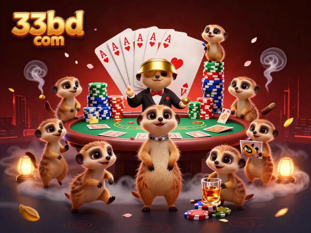 Exciting scene at 33bd com casino with meerkats managing poker games and sneaking chips.