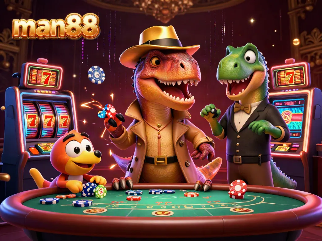 Experience thrilling gaming action with man88's immersive casino environment featuring dynamic characters and vibrant elements.