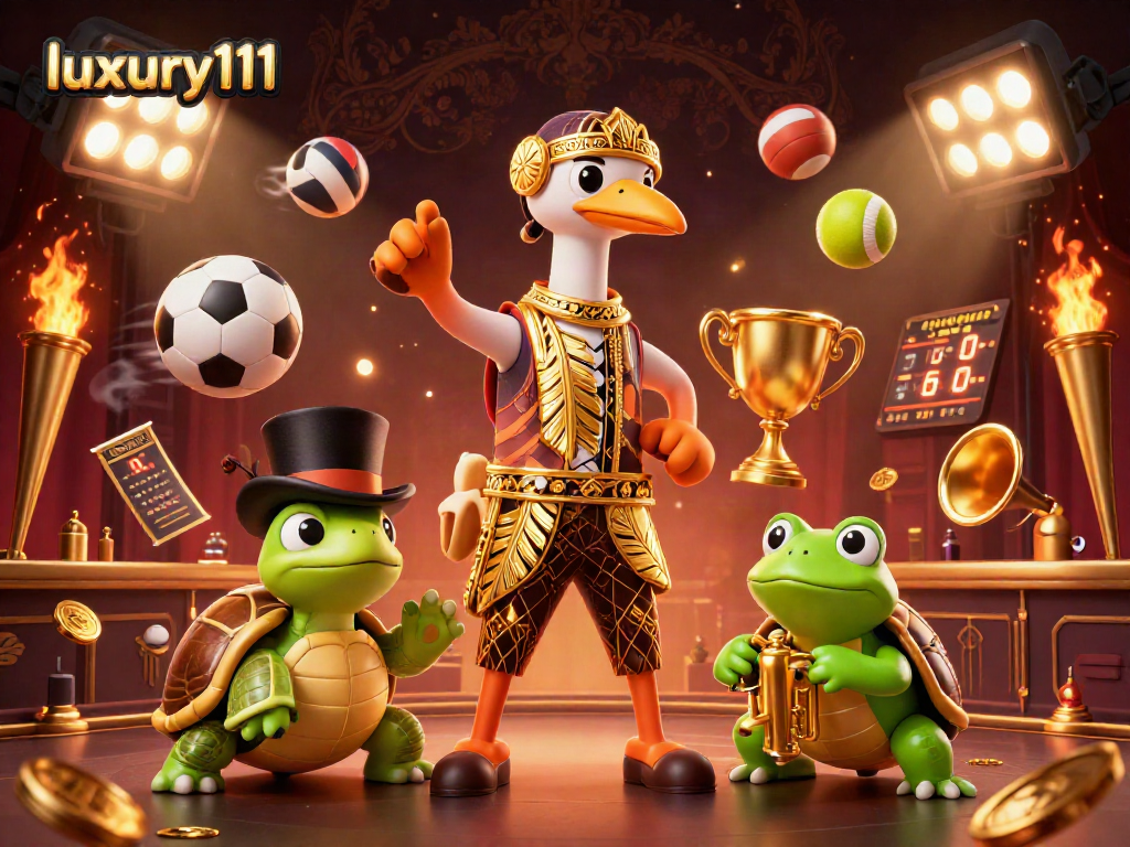 Engage in luxury111 gaming with a vibrant casino scene featuring unique characters and dynamic sports elements.