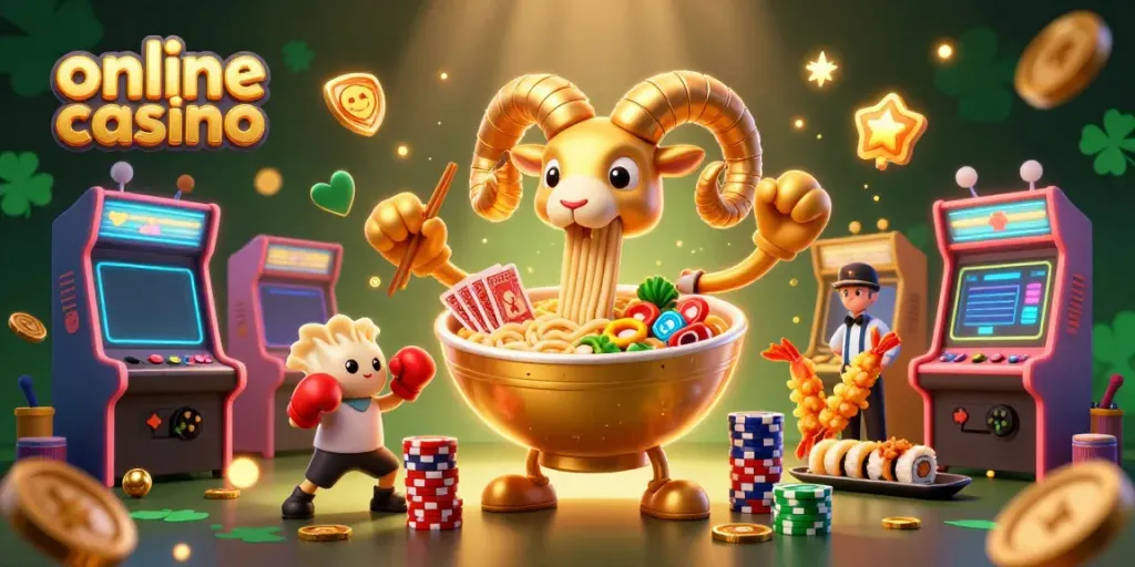 Experience excitement at this online casino scene with a giant ramen bowl dealing cards amid vibrant game elements.