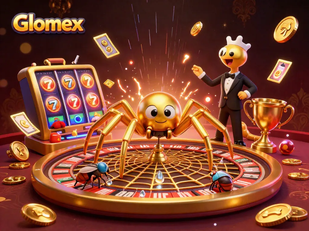 Spin the Glomex roulette wheel with a golden spider in this exciting casino scene.