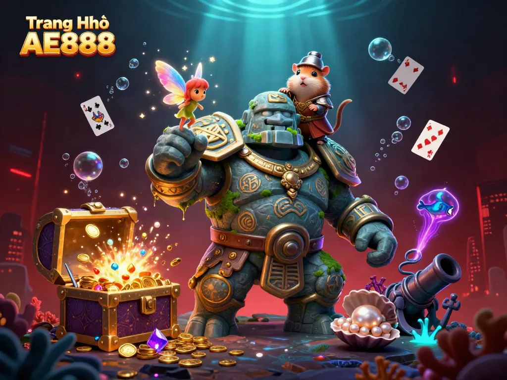Engage in gaming adventures at Trang Chủ AE888 with a magical scene featuring a golem, fairy, and hamster knight.