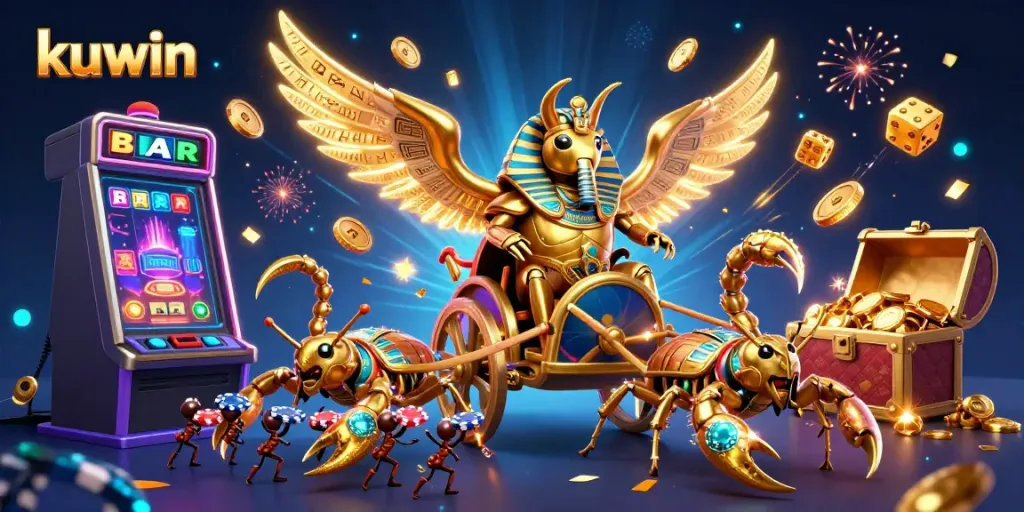 Kuwin offers an exciting visual feast with a colossal golden scarab beetle and dynamic casino elements.