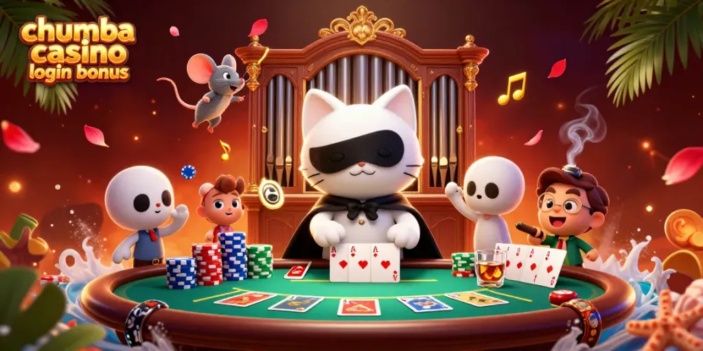 Claim your chumba casino login bonus with vibrant 3D characters and casino elements floating dynamically.