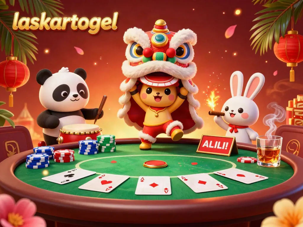 Experience the excitement of Laskartogel with a vibrant 3D illustration of a festive casino scene.
