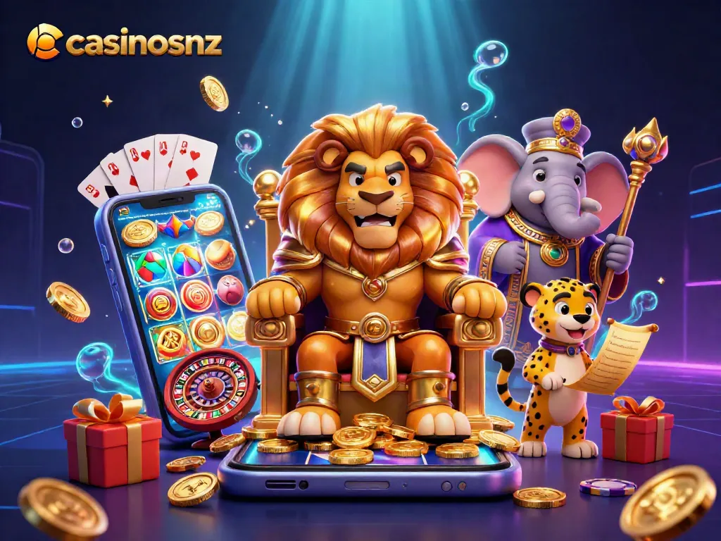 Experience the excitement of casinosnz with a vibrant scene of a lion king and casino games.