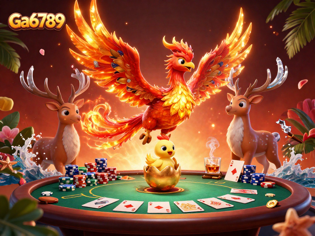 Engage with Ga6789 as the phoenix soars over a rich poker scene filled with chips and cards.