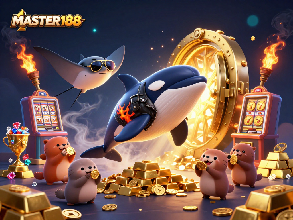 MASTER188 brings excitement with a vibrant casino scene featuring an orca and otters amid golden riches.