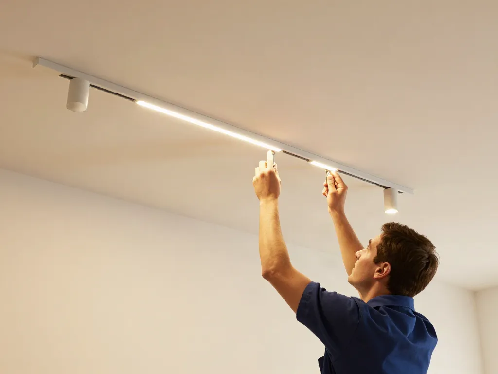 Instalare sina magnetică de iluminat LED într-un interior modern, lumină caldă, furnizor de servicii de încredere.