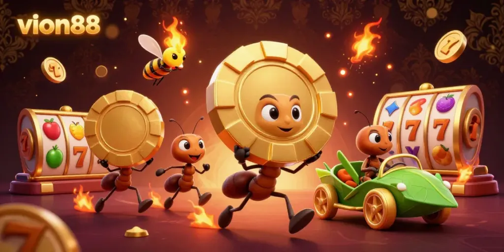 Experience the excitement of vion88 with a golden poker chip heist featuring animated ants.