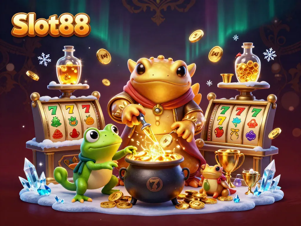 Engage with Slot88's vibrant 3D scene showcasing a golden salamander alchemist and dynamic slot elements.