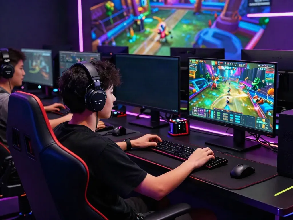 Excited player enjoying game online in vibrant gaming setup with multiple screens and LED lights.